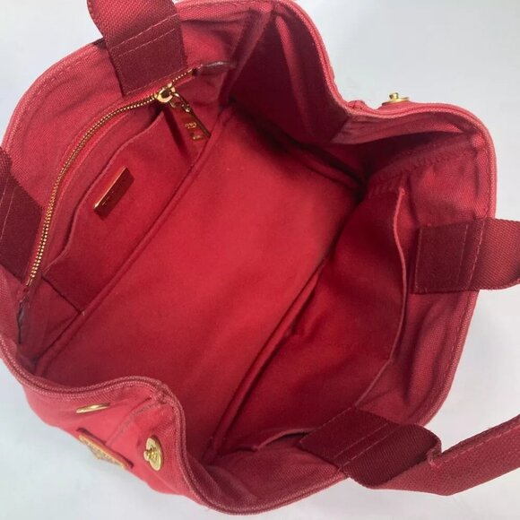 PRADA Logo Plate Canapa CANAPA MINI Hand Bag Tote Bag Canvas Red - Picture 11 of 16